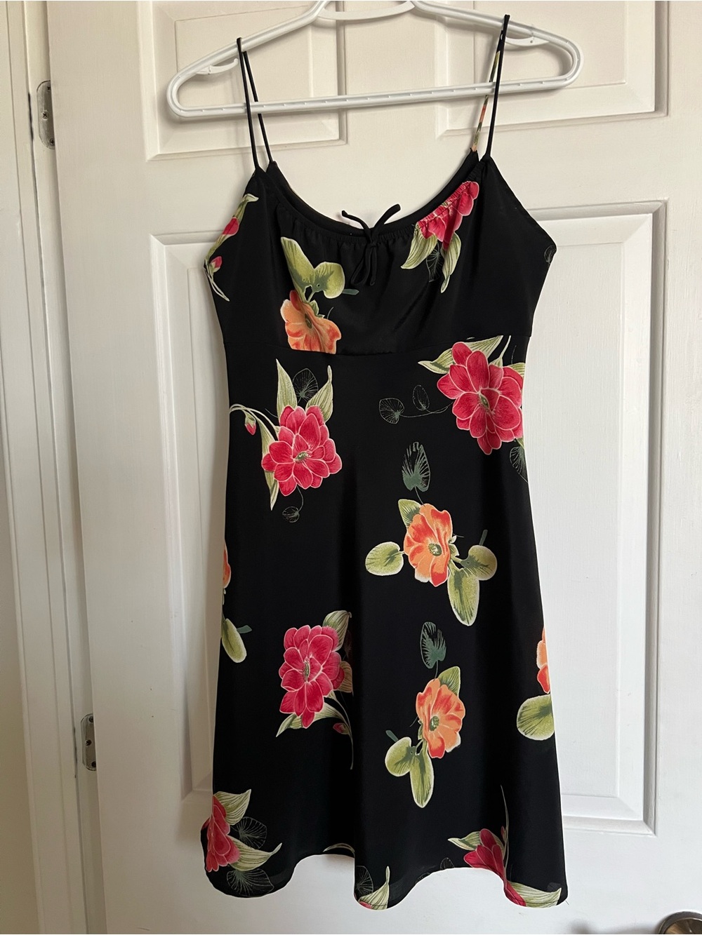 Black Floral Spaghetti-Strap Mini Dress in Pink & Orange